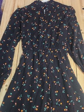 Black Cherry Print High Tie Neck Smock Mini Dress 8